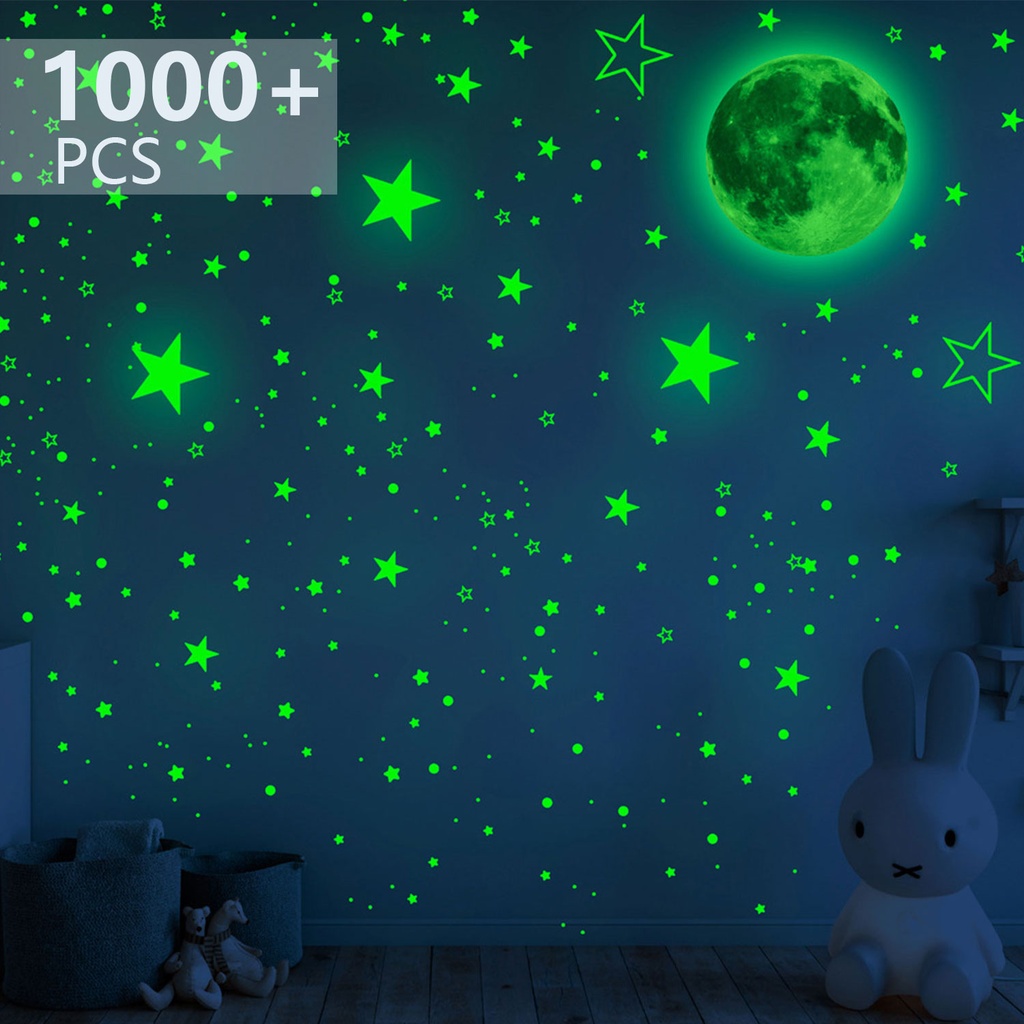 1000 pcs+ 夜光30cm月球  星星夜光貼 兒童房裝飾貼紙 (綠色)