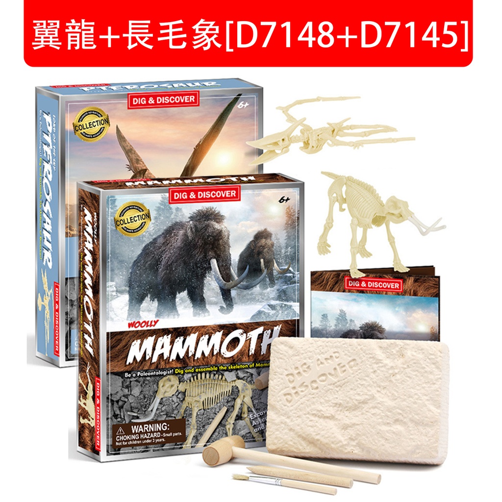 3D恐龍挖掘套裝 翼龍 + 長毛象 [D7148+D7145] 兒童益智考古挖掘玩具 考古探索 挖掘模型 DIY化石探索 挖掘拼砌模型