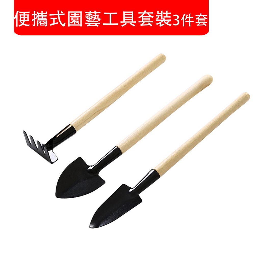 便攜式園藝工具套裝(3件套) (鐵鏟+鐵鍬+鐵耙) 迷你多肉 植物 園藝挖土 鬆土工具套裝  植物松土 (包裝隨機)
