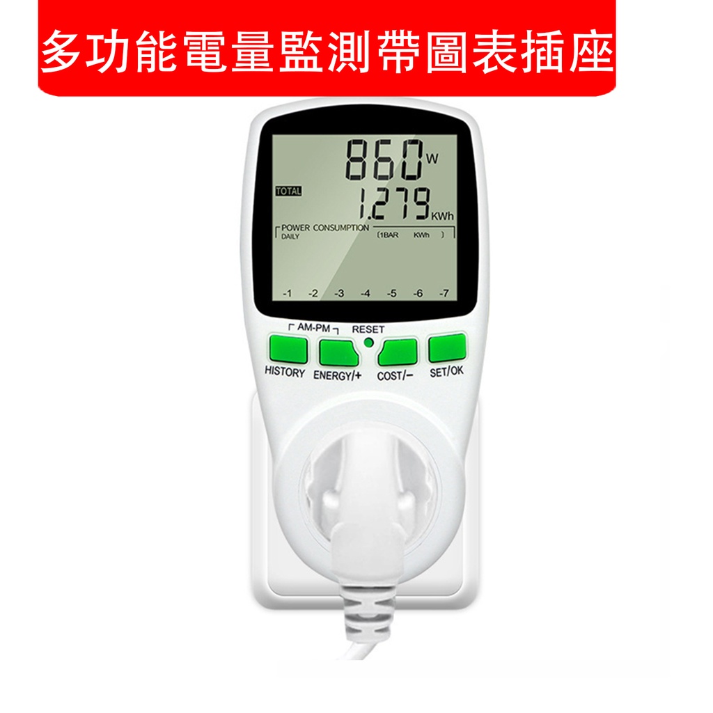 多功能電量監測帶圖表插座 港式英規13A插頭 多功能功率帶圖表電錶插座 監測用電 瓦特計 電錶 功率計量 (包裝隨機) 