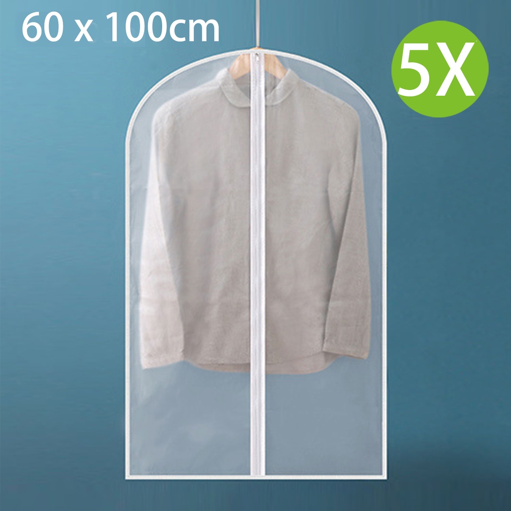 5X 透明衣服防塵袋 (5個裝) 衣物防塵罩 西裝外套防塵罩 防皺防潮服裝保護罩 衣物收納袋 掛衣袋 60 x 100cm (包裝隨機)