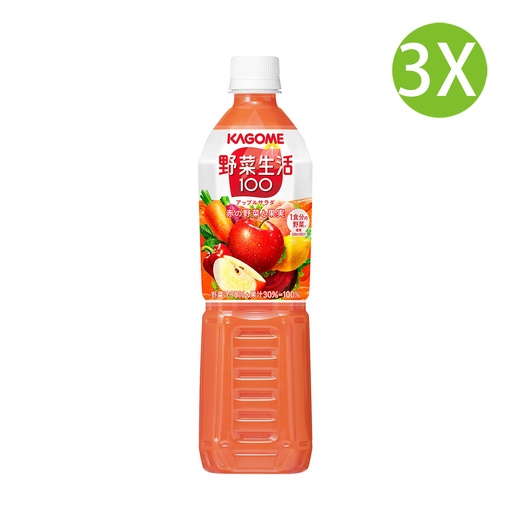 [DKc141x3] 3X 日本製 KAGOME 可果美 野菜生活100 蘋果蔬菜混合果汁 (蔬菜汁70%+果汁30%)(720ml x 3) [8446] (包裝隨機)